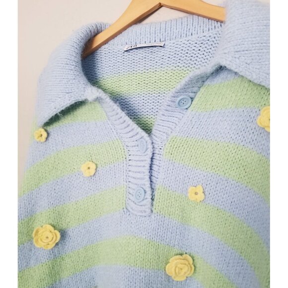 Zara Crochet 3D Floral Embroidered Striped Polo Collared Sweater L Blue Fairy - Picture 14 of 16